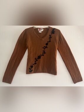 Vintage Simon Chang Brown Floral Embroidered V-Neck Wool Knit Sweater M